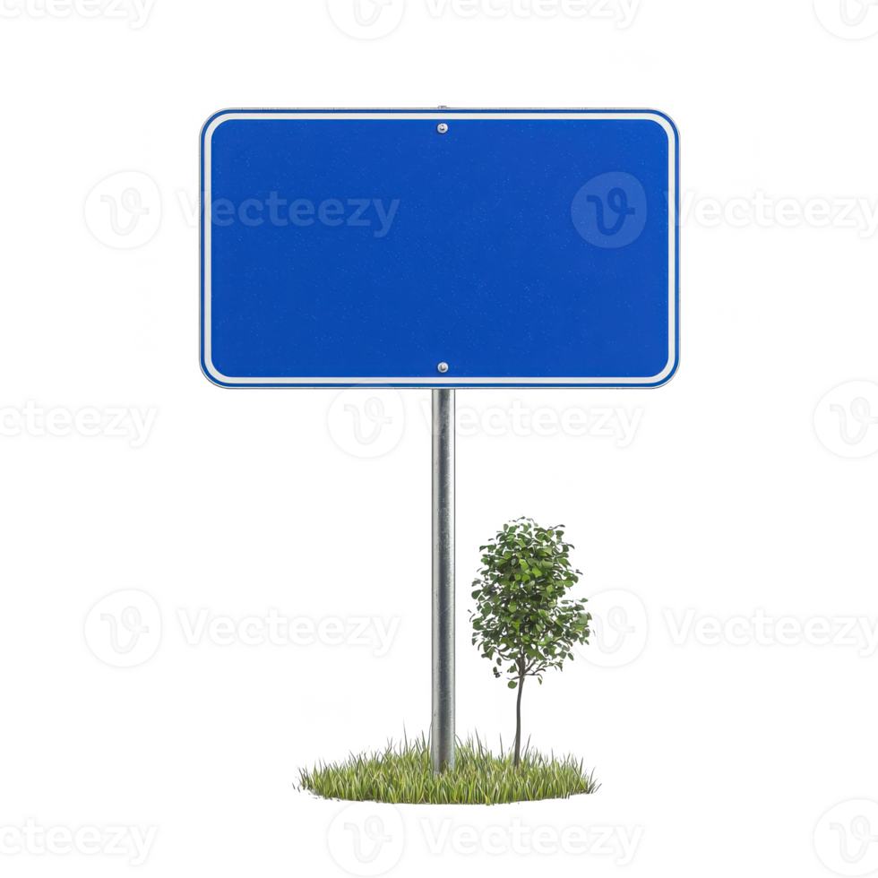 Blank blue road sign with greenery, isolated on a white background, ideal for customizable signage. png