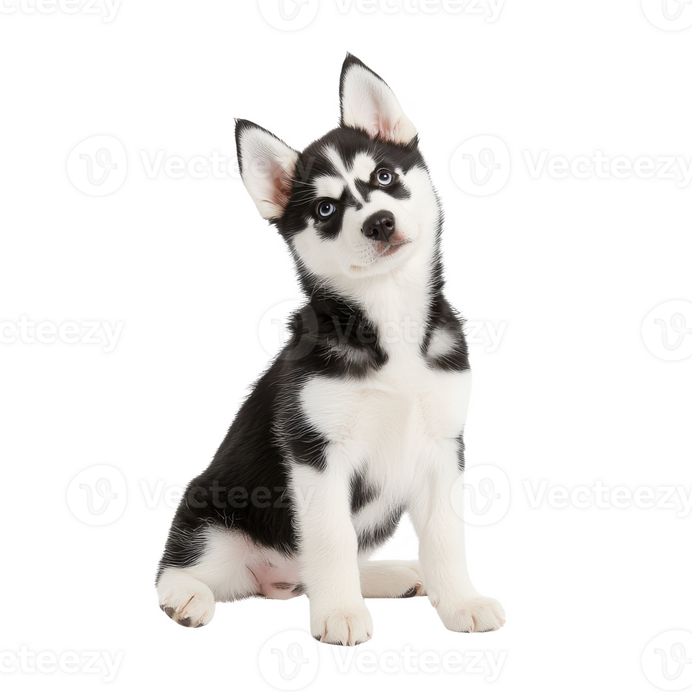 Adorable black and white Siberian Husky puppy sitting with a curious expression on a white isolated background. png