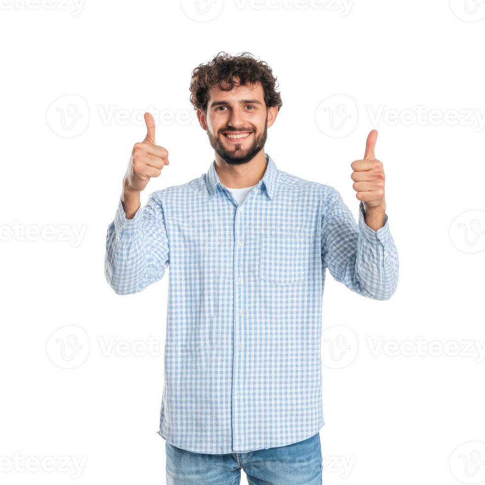 Cheerful man giving thumbs up, isolated on white background, smiling and expressing positivity. png