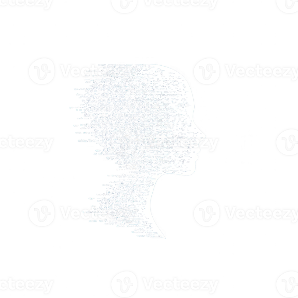 Abstract silhouette of a human head in profile, designed with a texture of digital particles, conveying themes of identity. png