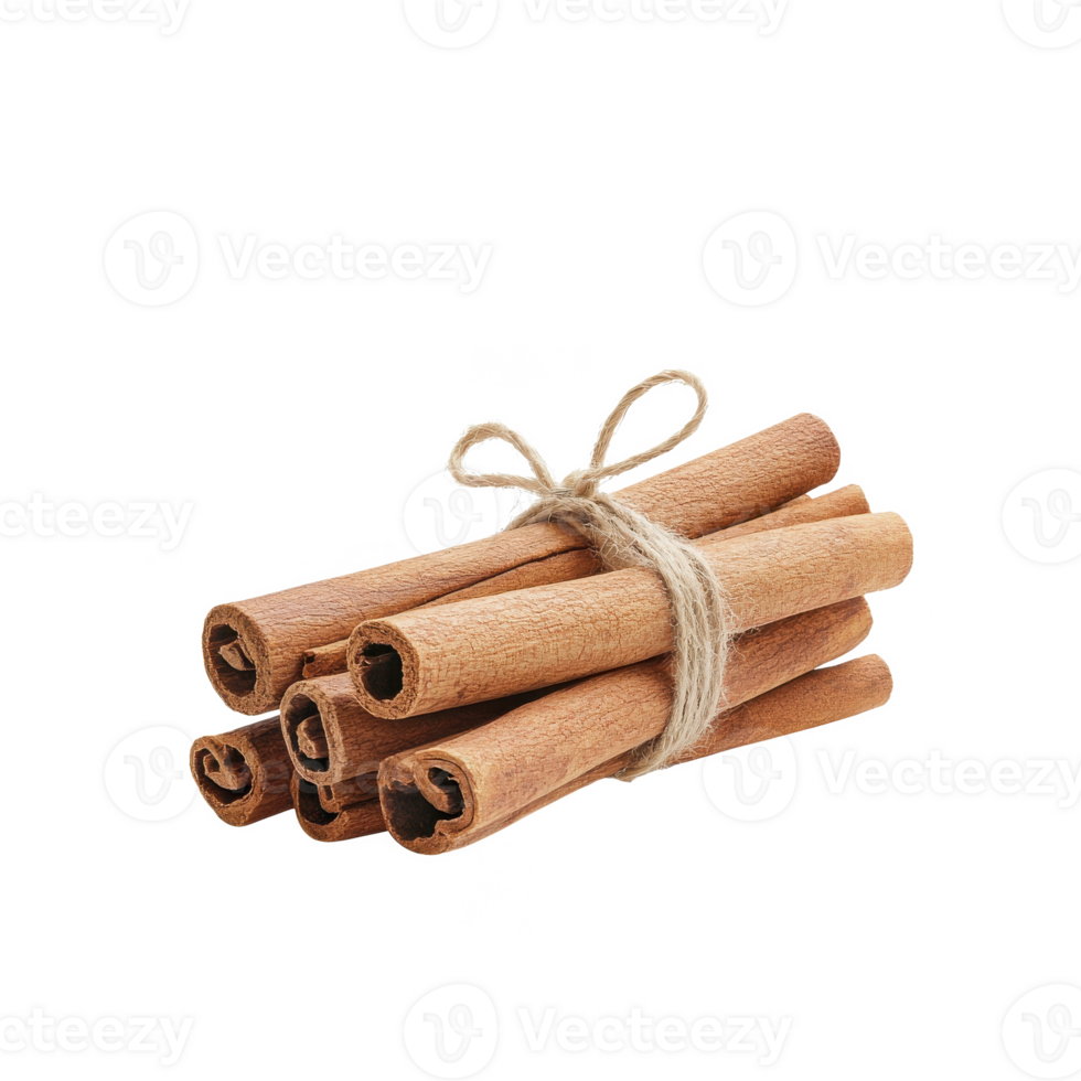 Bundle of cinnamon sticks tied with twine, showcasing natural texture against a white background. png
