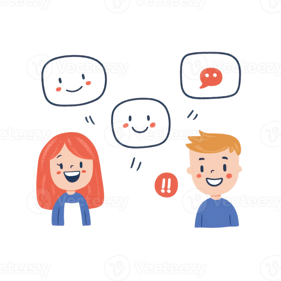 Illustration of a cheerful conversation between a boy and a girl, with speech bubbles showing their emotions. png