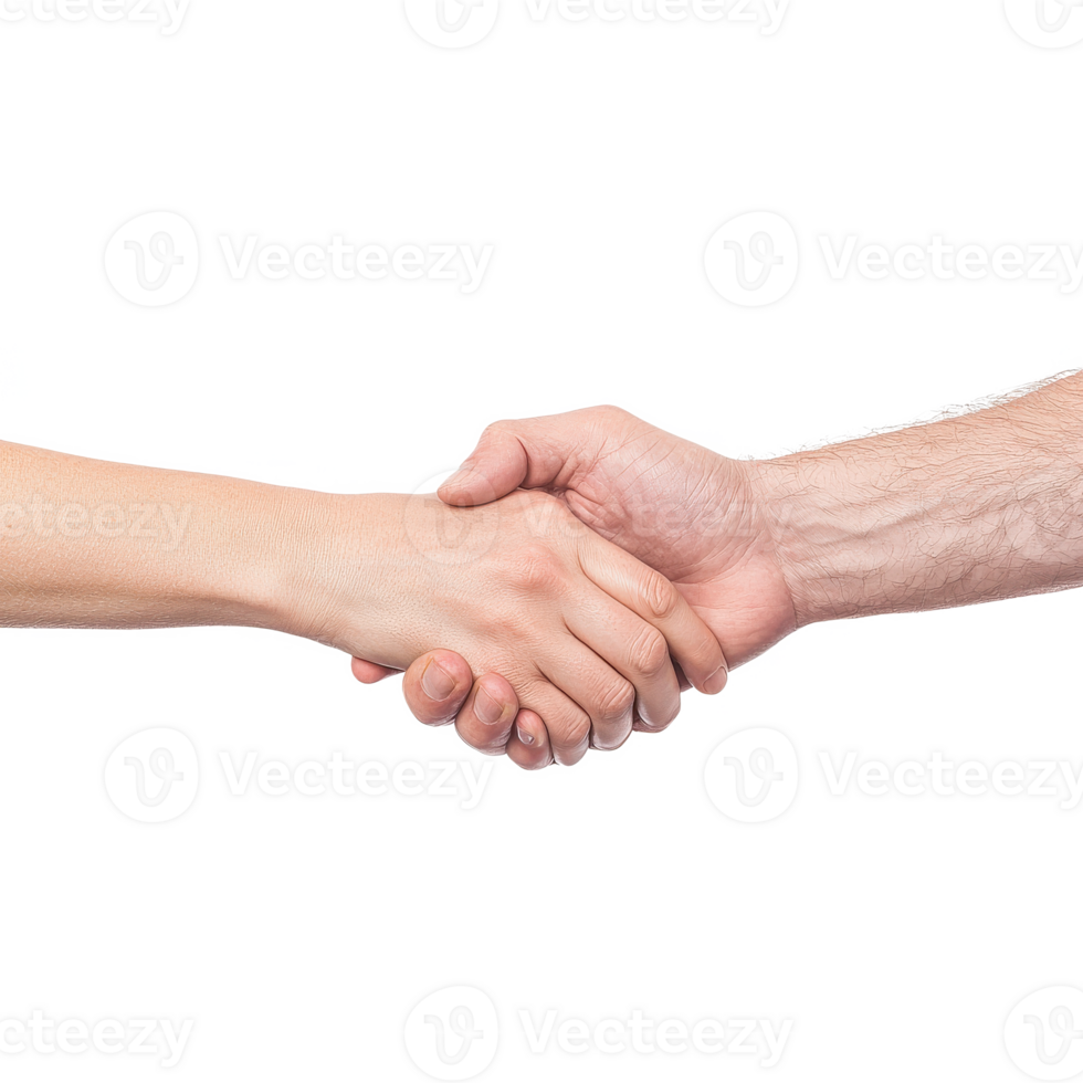Handshake between two individuals, symbolizing agreement and partnership, blank white background enhances focus. png