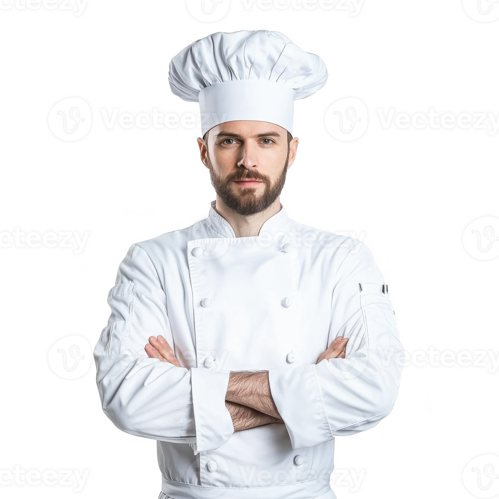 Professional chef in white uniform and hat, arms crossed, isolated on white background. png