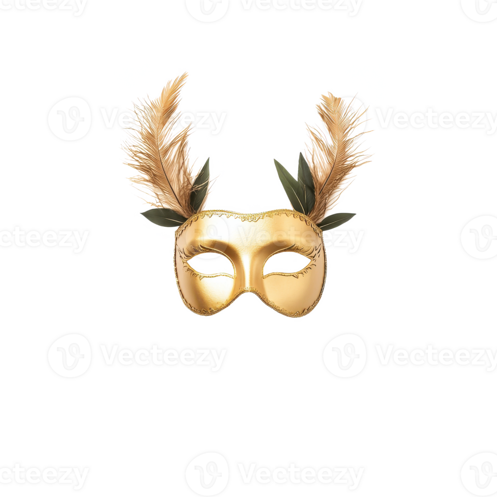 Gold masquerade mask with decorative feathers, isolated on white background. png