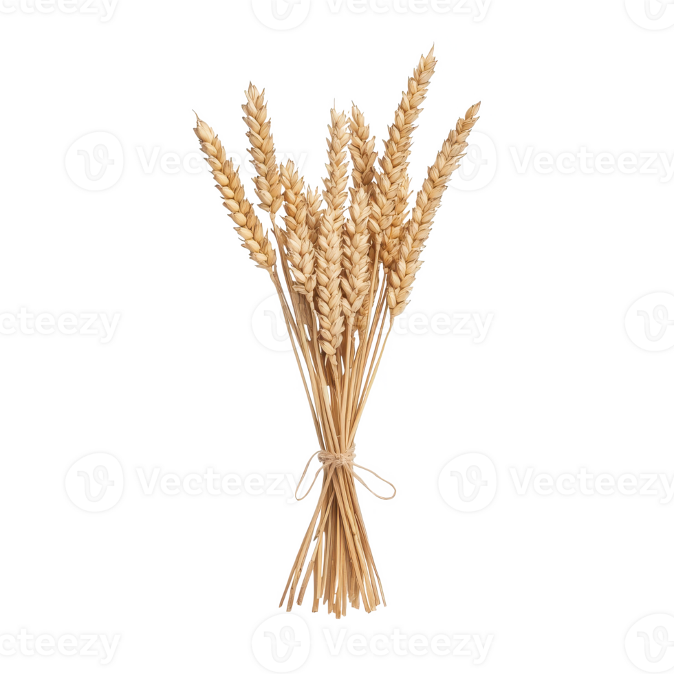 Dried wheat bundle with a rustic appearance, tied neatly, showcasing natural textures on a white isolated background. png