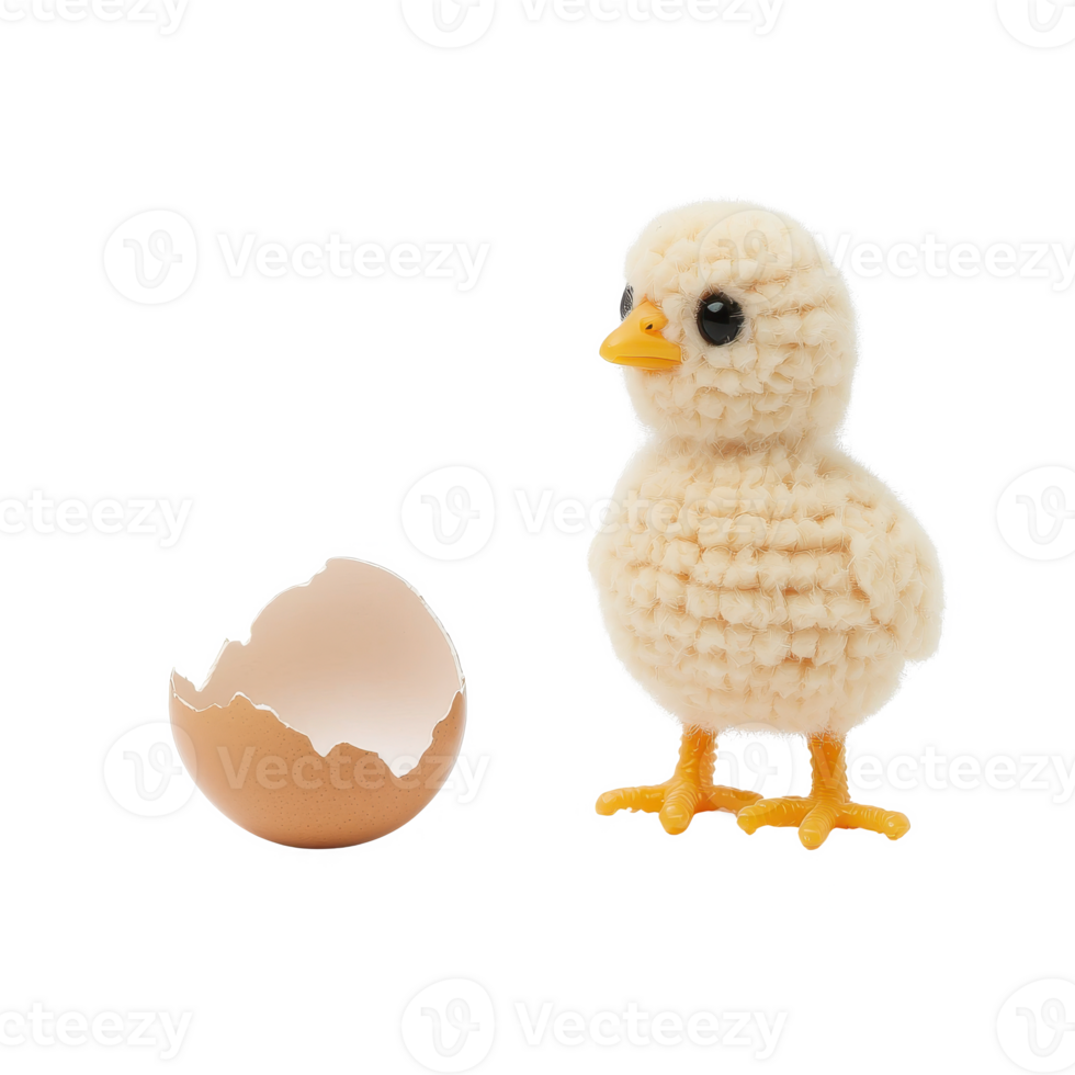 Cute plush chick standing next to its eggshell on a white isolated background. png
