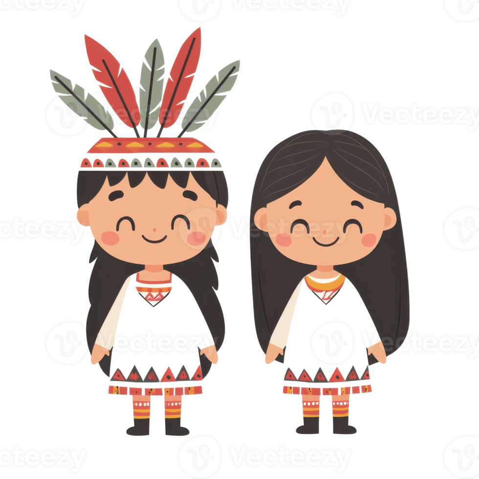 Cute cartoon characters in traditional attire with colorful feather headgear on a white isolated background. png