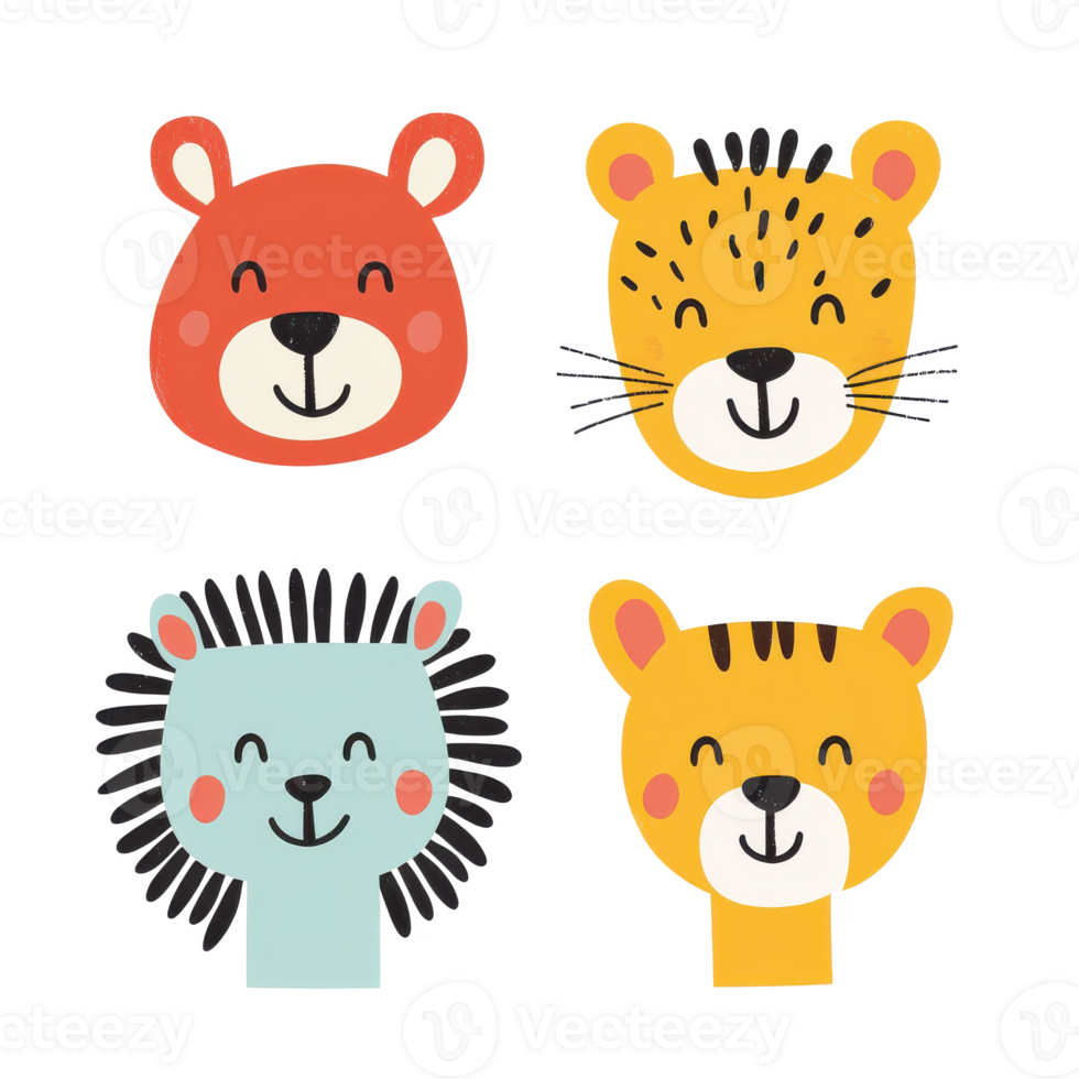 Cute illustrations of animal heads featuring a bear, lion, tiger, and lion cub on a white isolated background. png