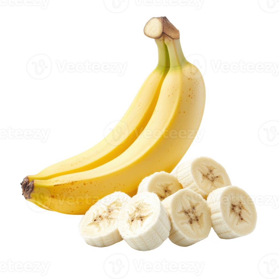 Fresh bananas, whole and sliced, on a white isolated background, showcasing vibrant yellow color and smooth texture. png