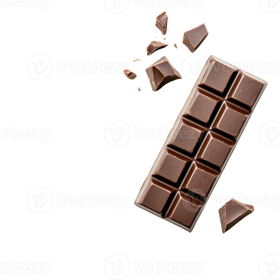 Delicious chocolate bar with broken pieces isolated on a white background. png