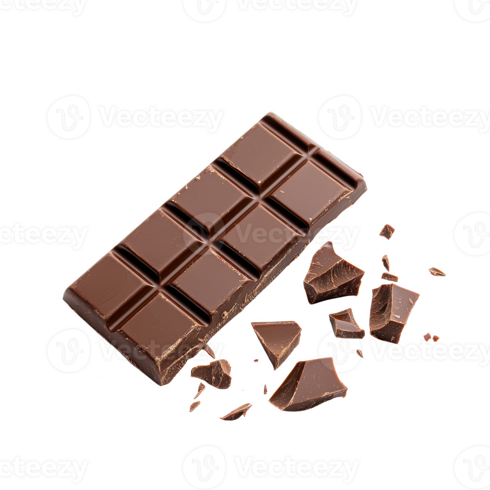 Delicious chocolate bar broken into pieces on a white isolated background. png