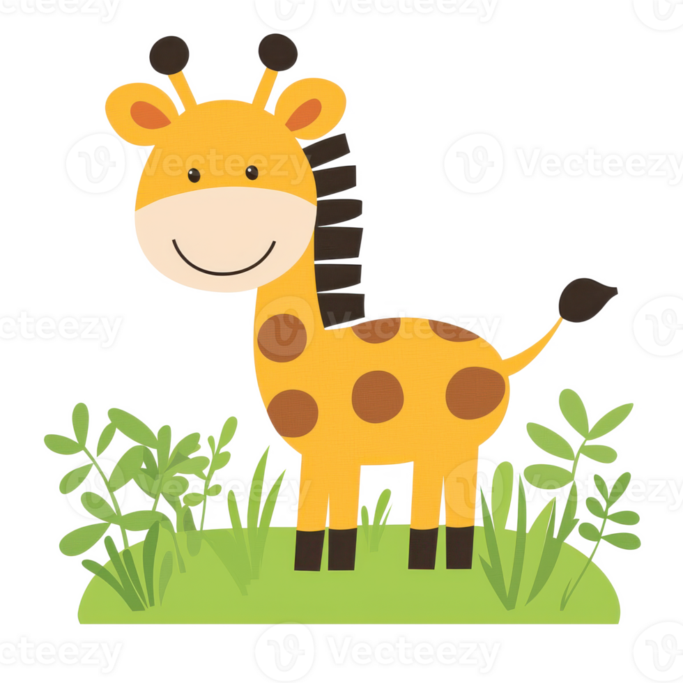 Cute cartoon giraffe standing on green grass with a smile. png