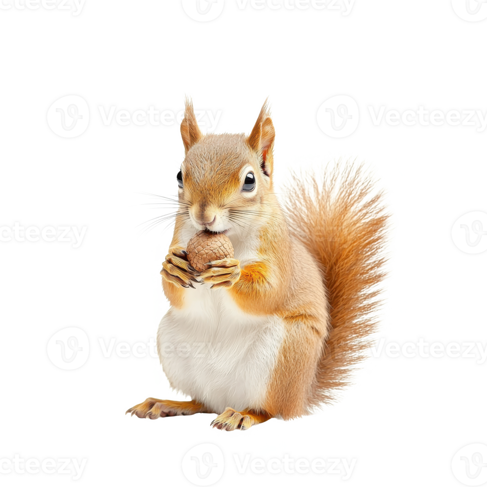 Cute squirrel sitting and holding an acorn, isolated on white background. png