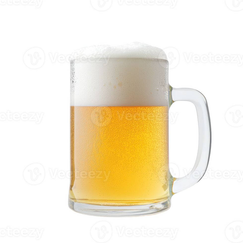 Delicious frothy beer in a glass mug, showcasing the golden color and bright bubbles. png