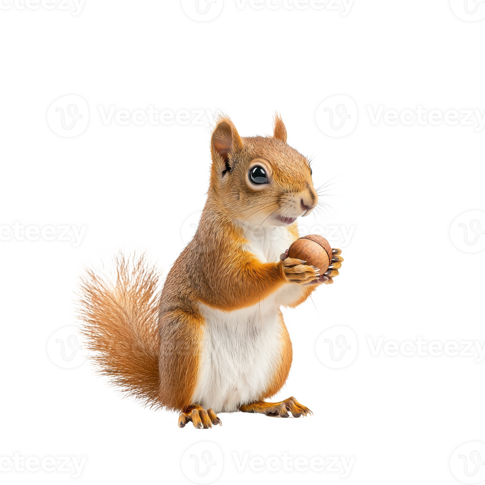 Cute squirrel holding an acorn, captured in a playful pose, perfect for nature-related themes. png