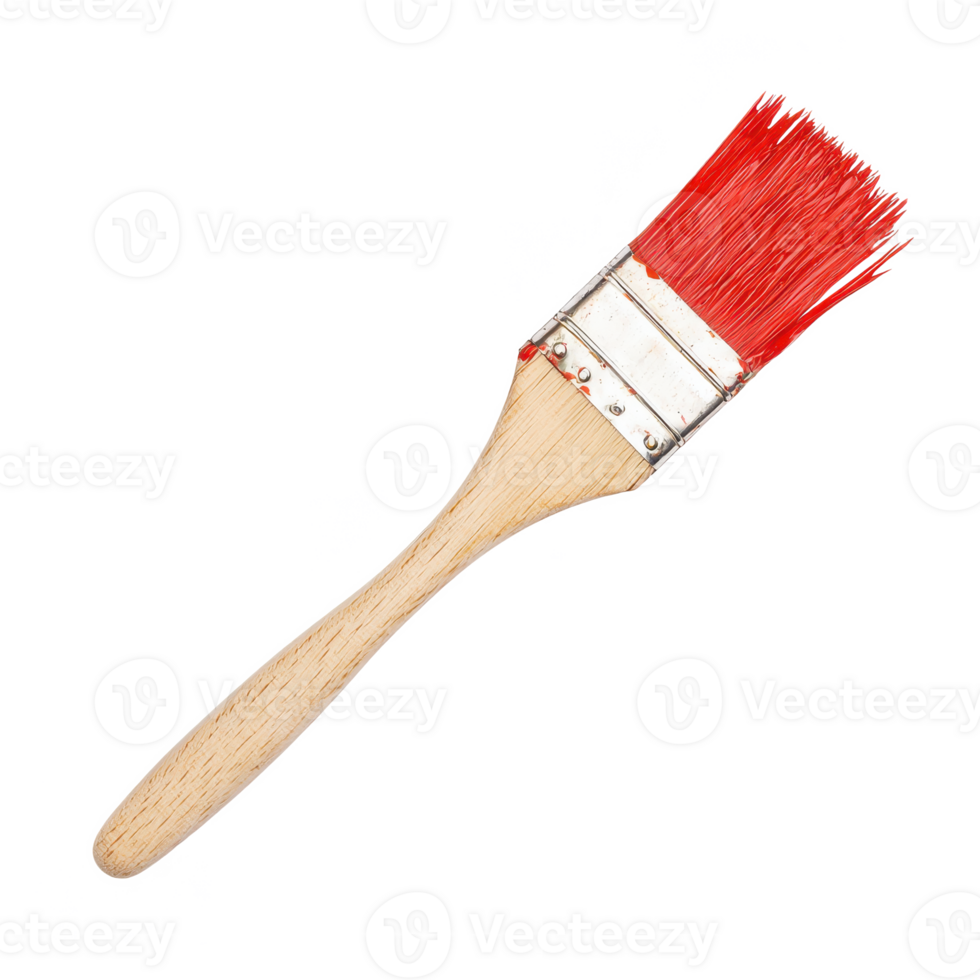 Red paintbrush with wooden handle isolated on white background. png