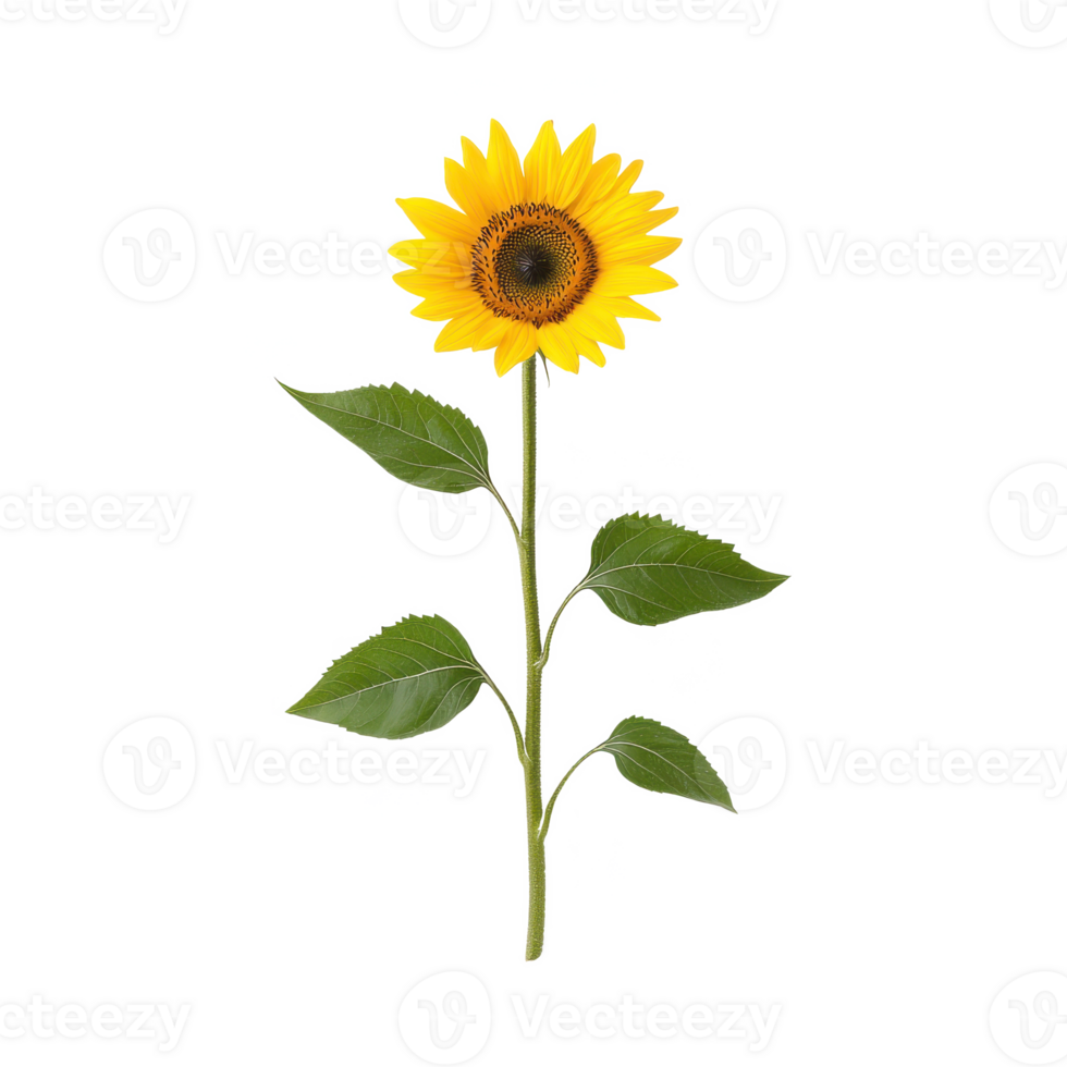 Vibrant sunflower with green leaves on a white isolated background. png