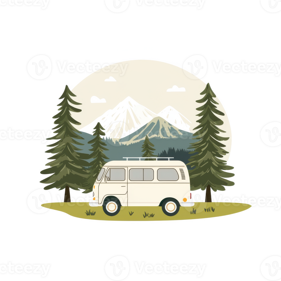 Vintage camper van in a scenic mountain landscape with trees and clouds. png
