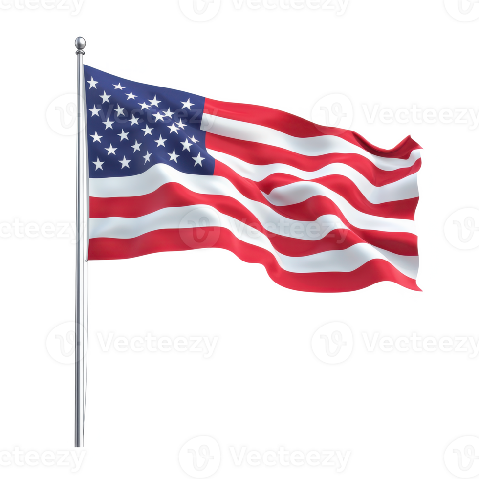 Waving American flag proudly displayed on a pole, representing freedom and patriotism against a clear backdrop. png