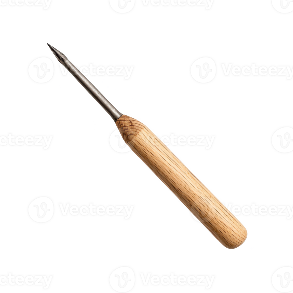 Wood carving tool with a wooden handle and sharp blade, ideal for intricate designs and craftsmanship. png