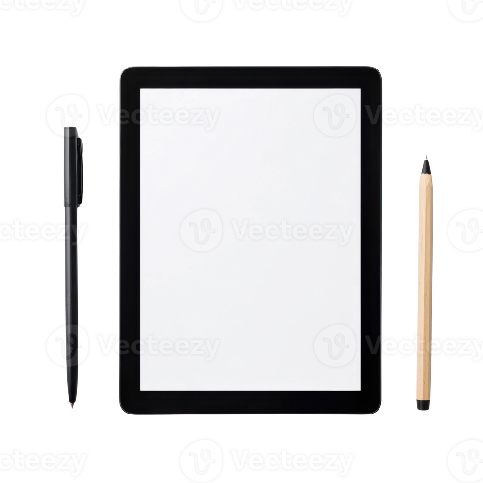 Tablet device with a blank screen and pens, arranged neatly on a white surface, ideal for creative work. png
