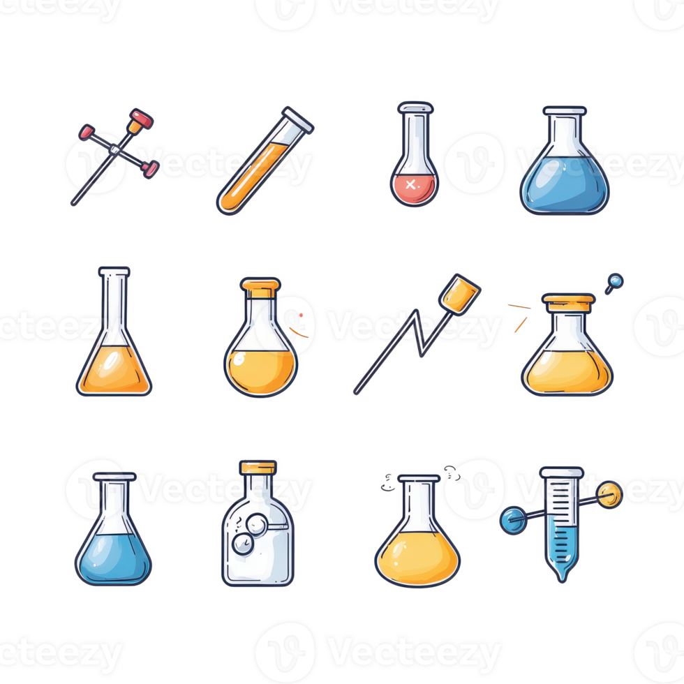 Set of colorful laboratory glassware icons on a transparent background. png