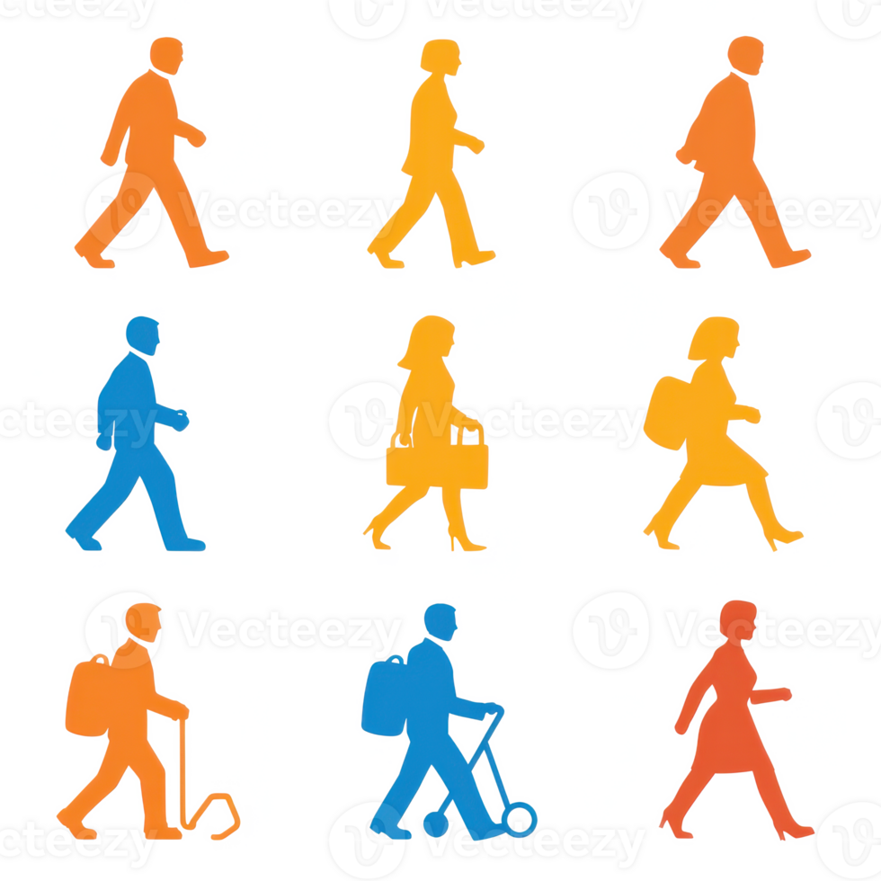Set of colorful walking figures in various poses on a white isolate background. png