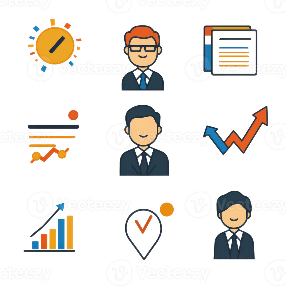 Set of business icons depicting analytics, teamwork, and management in vibrant colors. png