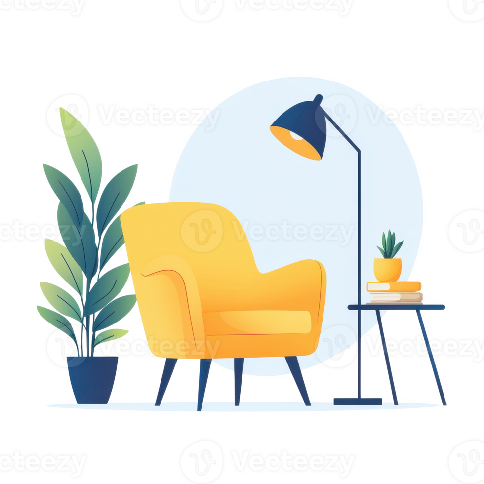 Stylish living room setup with a yellow chair, table lamp, and potted plants, creating a cozy and modern atmosphere. png