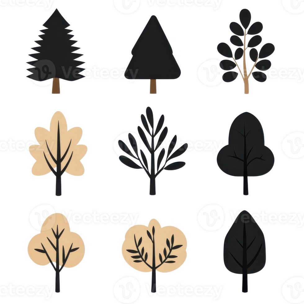 Set of various stylized trees on a white background, showcasing different leaf shapes and sizes. png