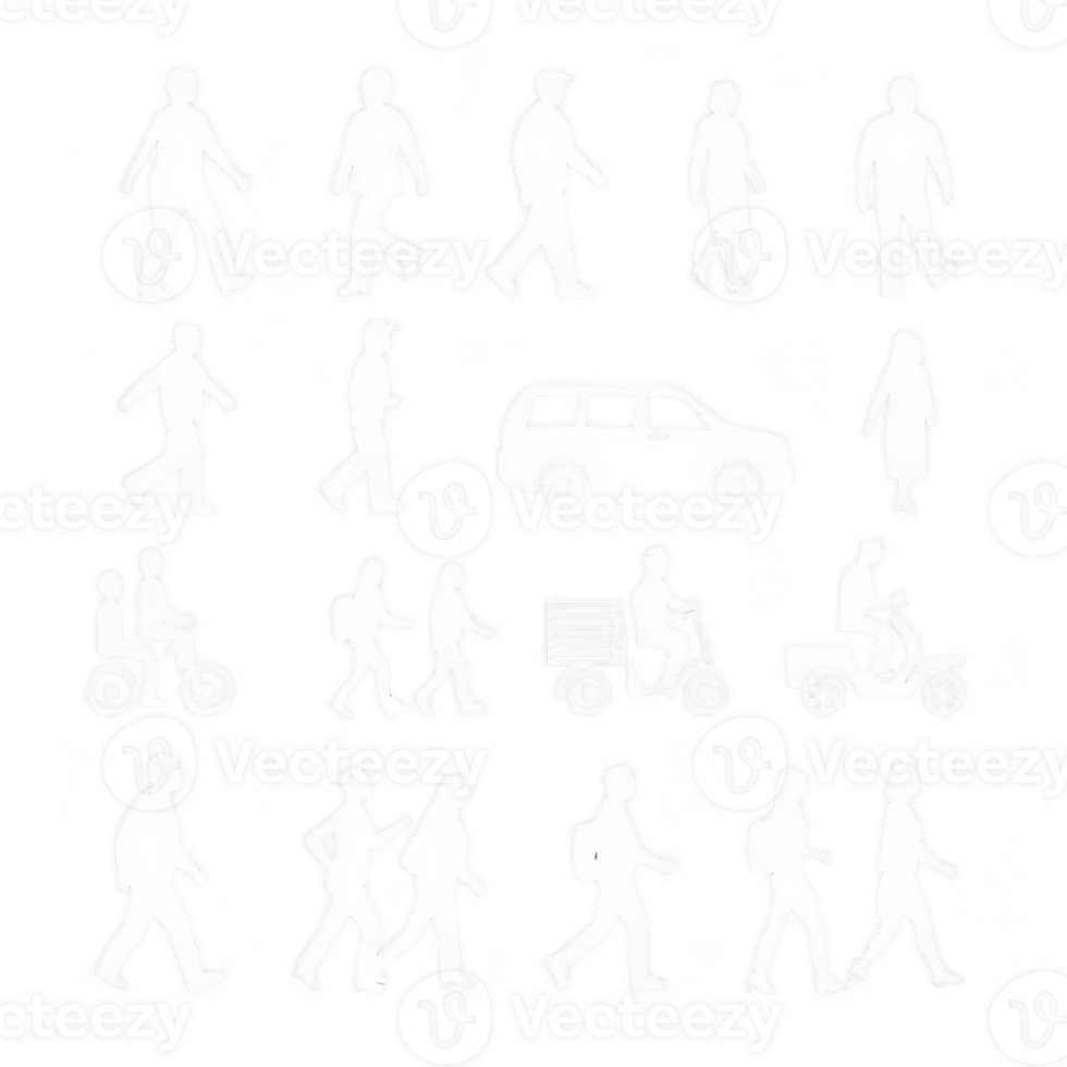 Various silhouettes of people and vehicles on a white isolate background. png