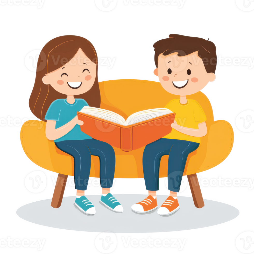 Two children happily reading a book on a cozy sofa, bright and cheerful atmosphere. png
