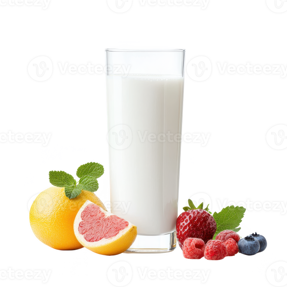 Refreshing glass of milk surrounded by fresh fruits, including grapefruit, lemon, raspberries, and blueberries on a white isolate background. png