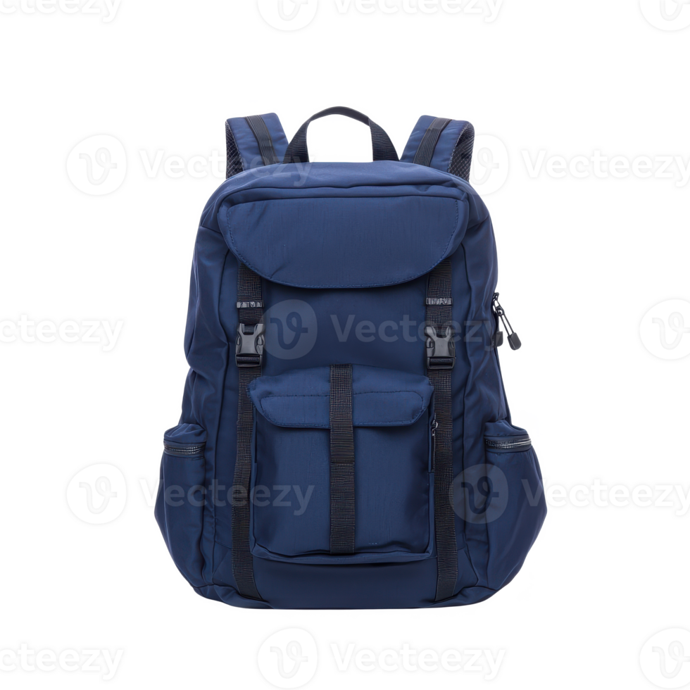 Stylish navy blue backpack with multiple compartments, ideal for school, work, or travel, on a white isolated background. png