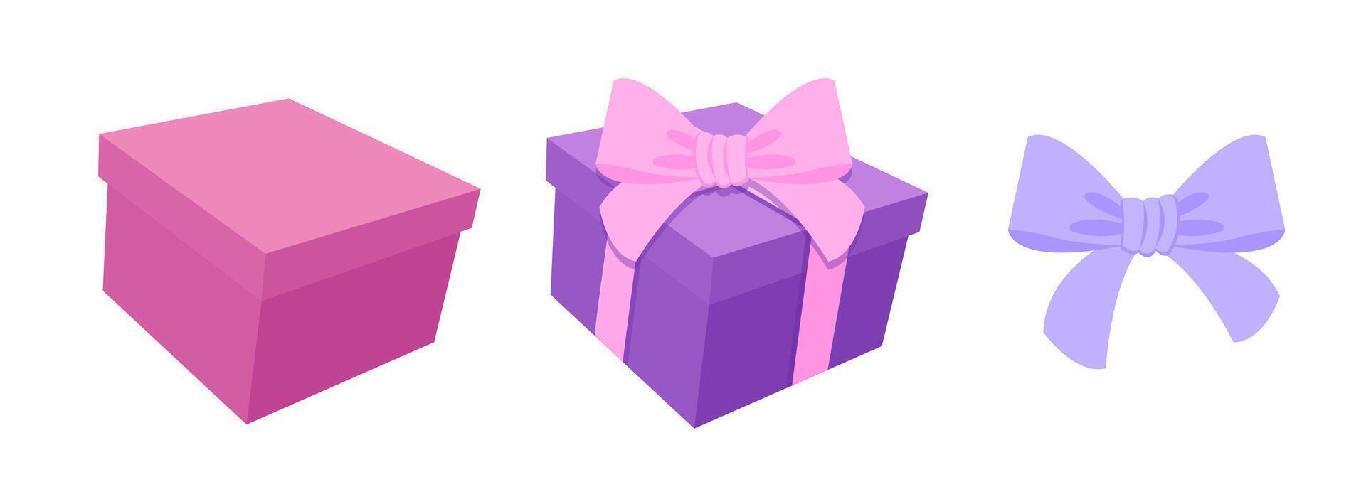 A set of illustrations showing girlish purple pink present gift box and ribbon vector
