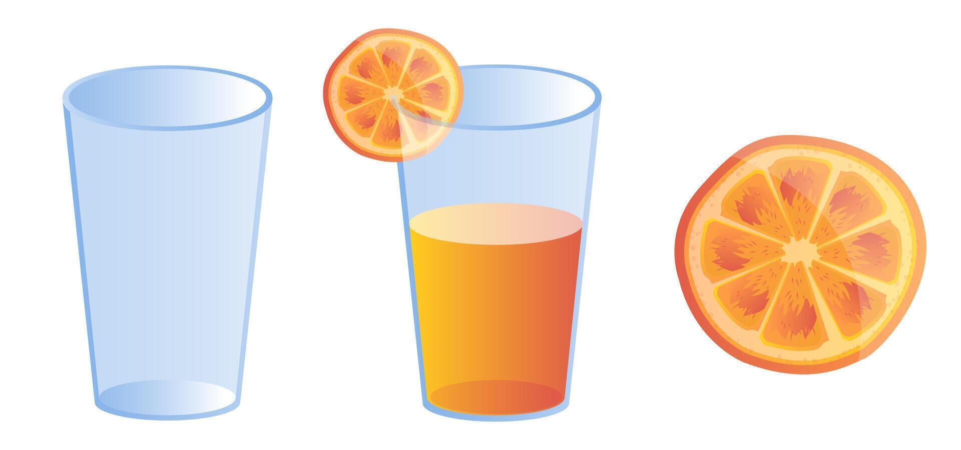 A collection of illustrations featuring a glass, a glass with orange juice, and a detailed orange slice vector