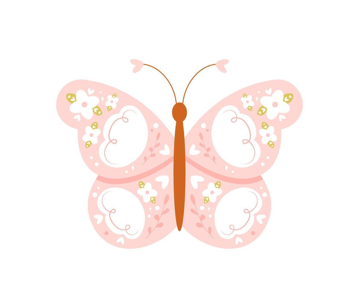 Cute pink butterfly with flowers and leaves in wings isolated on white background. Whimsical boho butterfly. Hand drawn flat cartoon illustration. Summer and spring moth vector