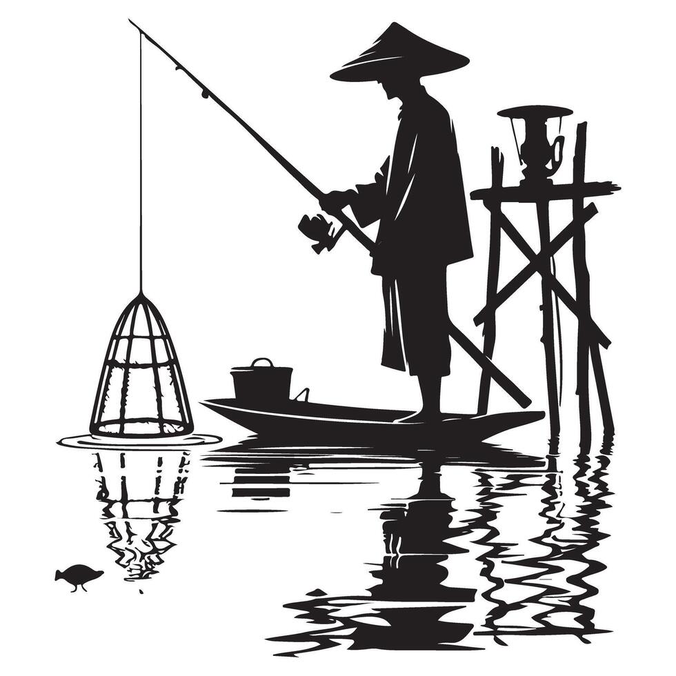 Silhouette of an Asian Fisherman on a Small Boat vector