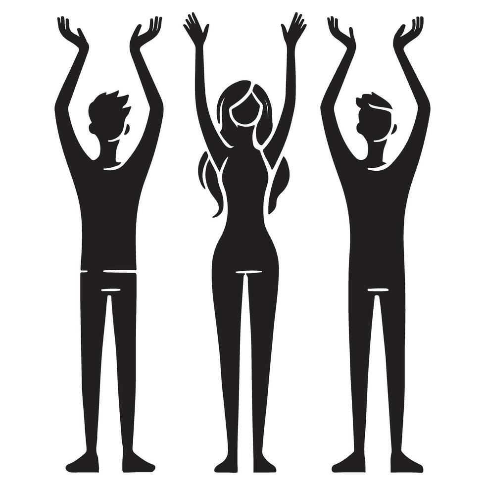 Silhouette of Three People with Hands Raised in Celebration vector