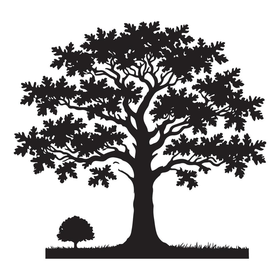 Black Silhouette of a Large Oak Tree and Small Sapling vector