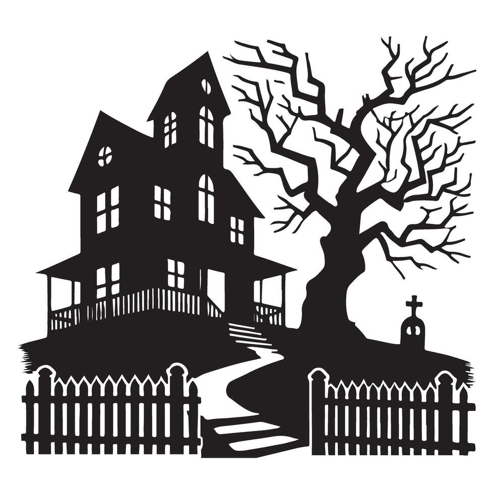 Spooky Black Silhouette Haunted House Illustration vector