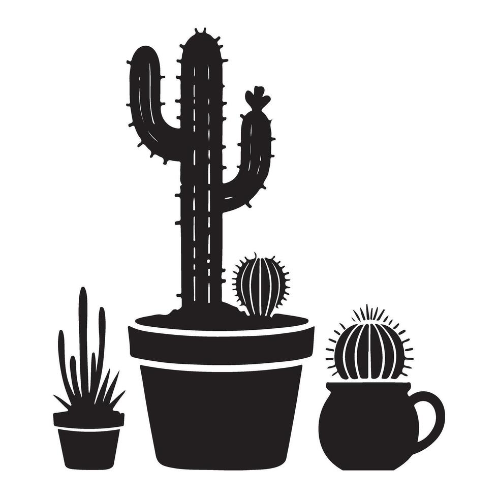 Tall Cactus with Smaller Cacti Silhouette Art vector