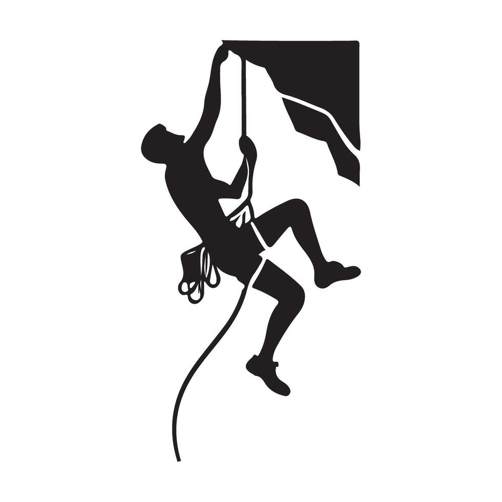 Silhouette of a Climber Rappelling Down a Rock vector