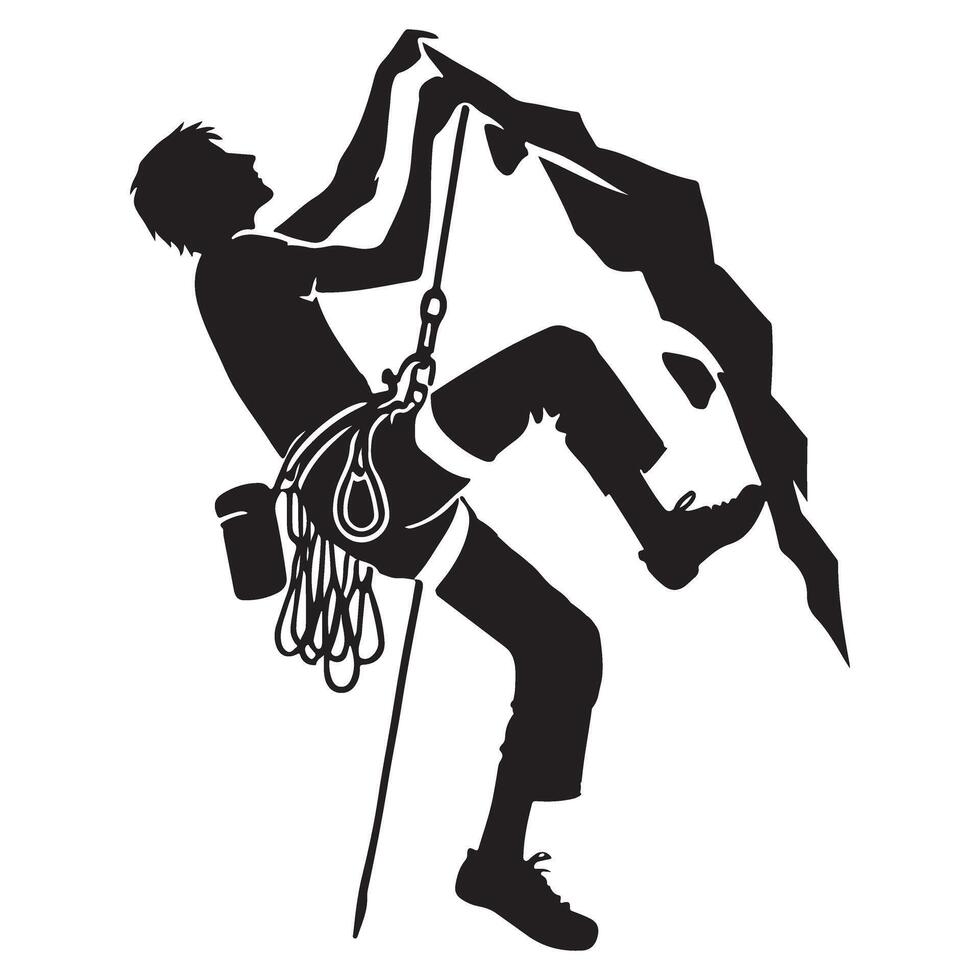 Silhouette of a Rock Climber Hanging on a Cliff vector
