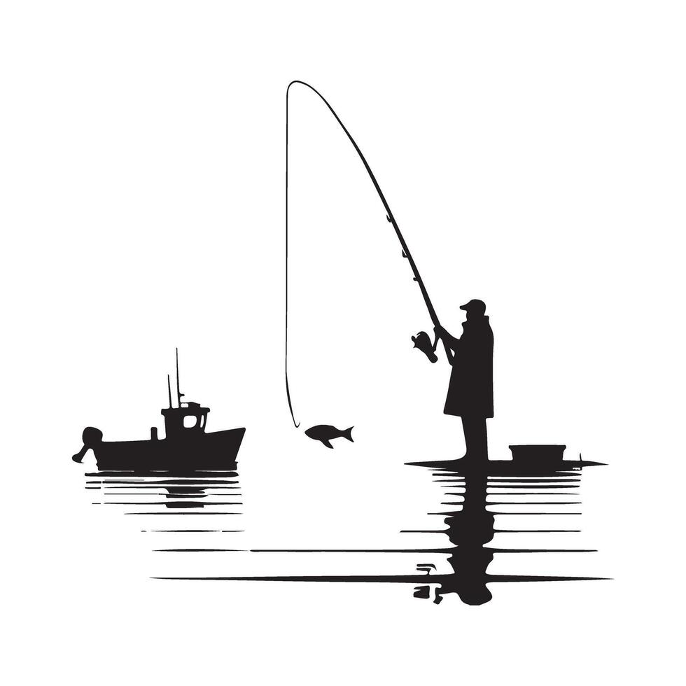 Silhouette of a Fisherman Casting His Line Near a Boat vector