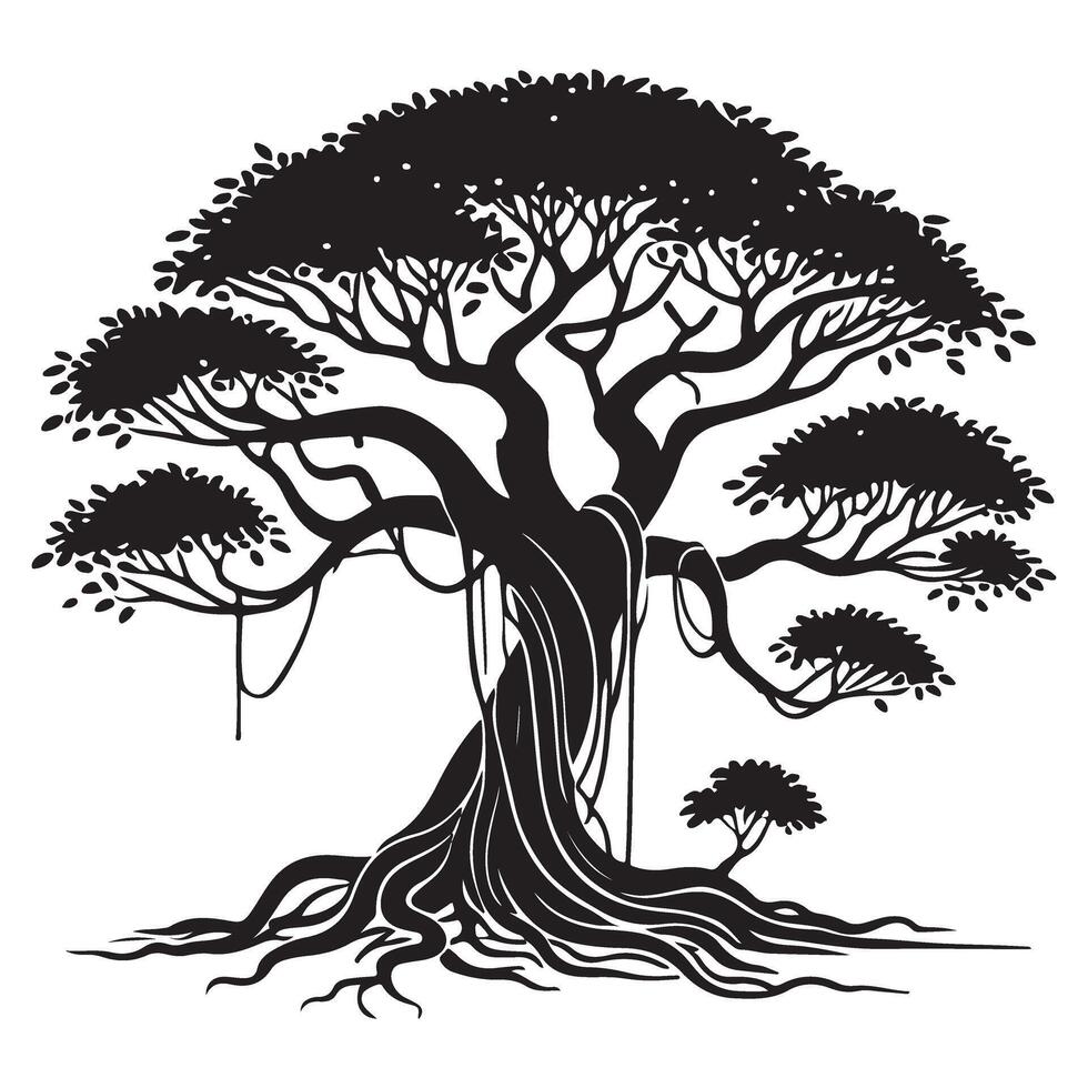 Silhouette Illustration of a Large Banyan Tree with Roots vector