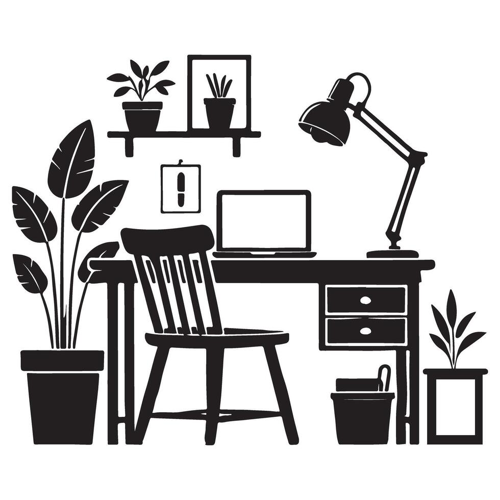 Cozy Home Workspace Silhouette Illustration vector