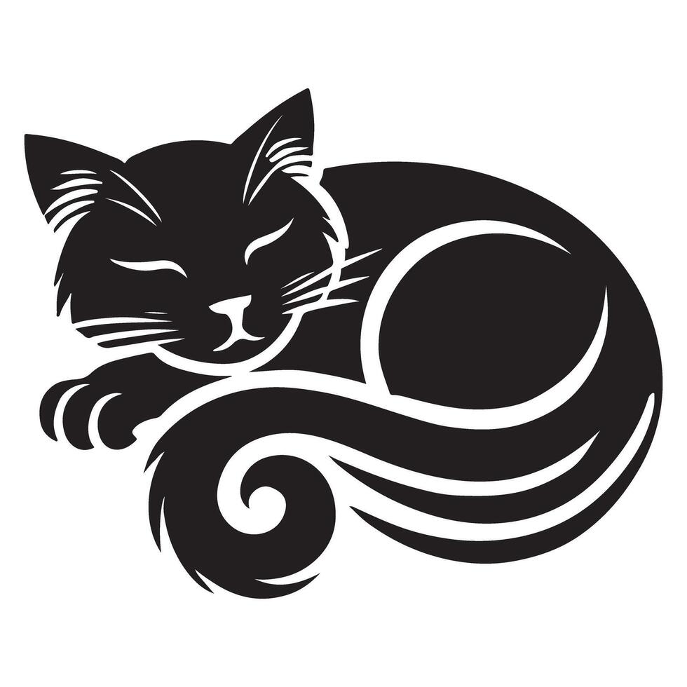 Sleeping Cat Silhouette with Curled Tail Illustration vector