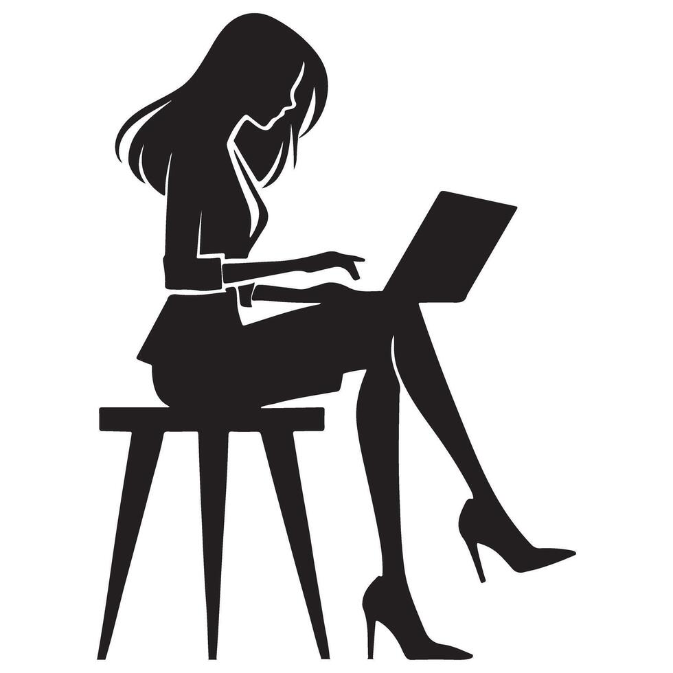 Silhouette of a Businesswoman Working on a Laptop vector